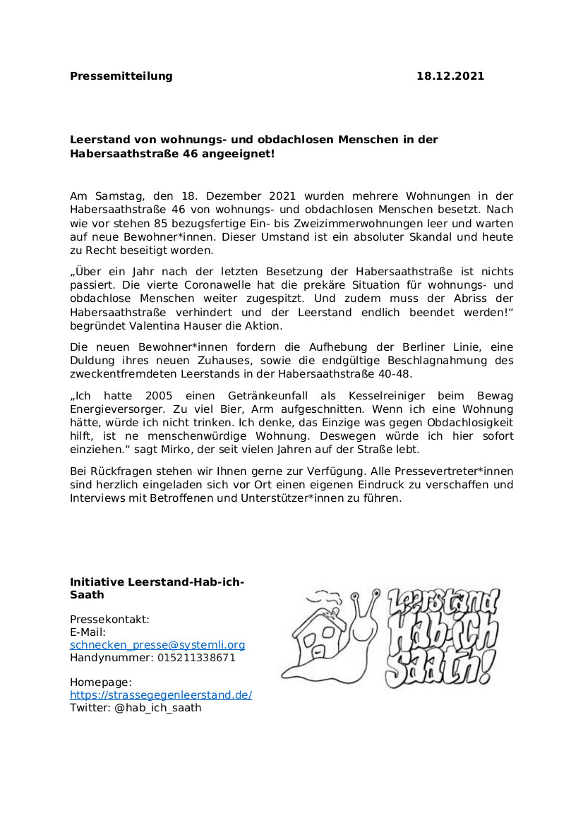 Unsere Pressemitteilung für die Wiederaneignung der Wohnungen in der #Habersaathstraße! #b1812 #Leerstand #Habichsaath