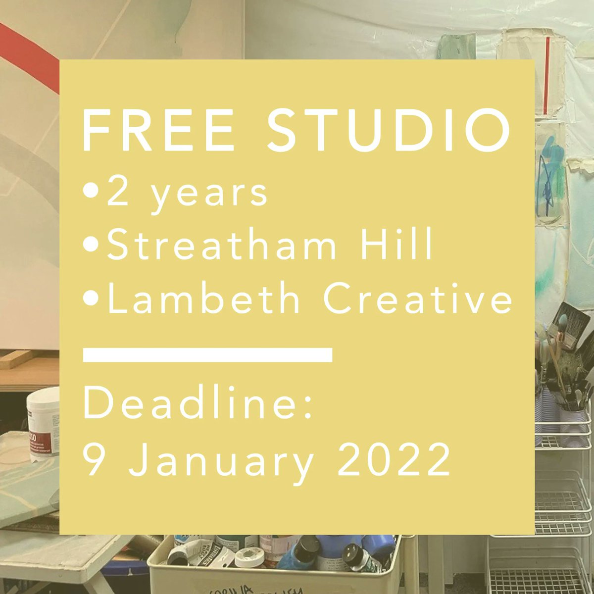 ascstudios's tweet photo. Don't forget to apply for our Free Studio in Streatham Hill if you are an Artist or Designer/Maker and Lambeth resident. The deadline is 9th January, details and requirements here: https://t.co/gPIfIMPRSj

@lambeth_council #artistinresidence #freestudio #ascstudios https://t.co/e6o8klkfBI