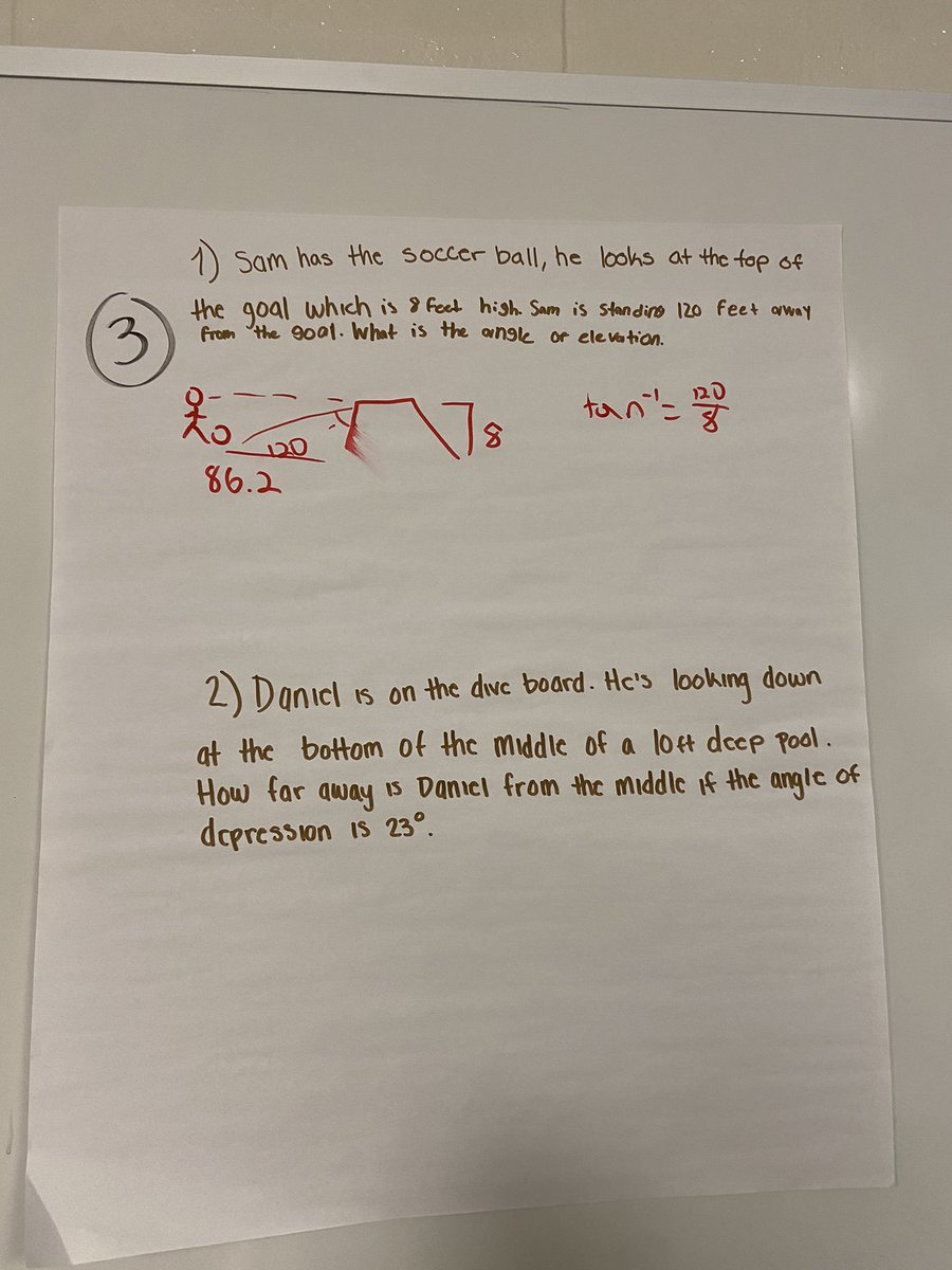 TRIG! Ss created their own questions involving angle of elevation and angle of depression. A 2nd group came to answer #1, and a 3rd group came to answer #2. 🔄 back to their original paper, Ss provided feedback on questions! #studentengagement #studentcenteredlearning #mths