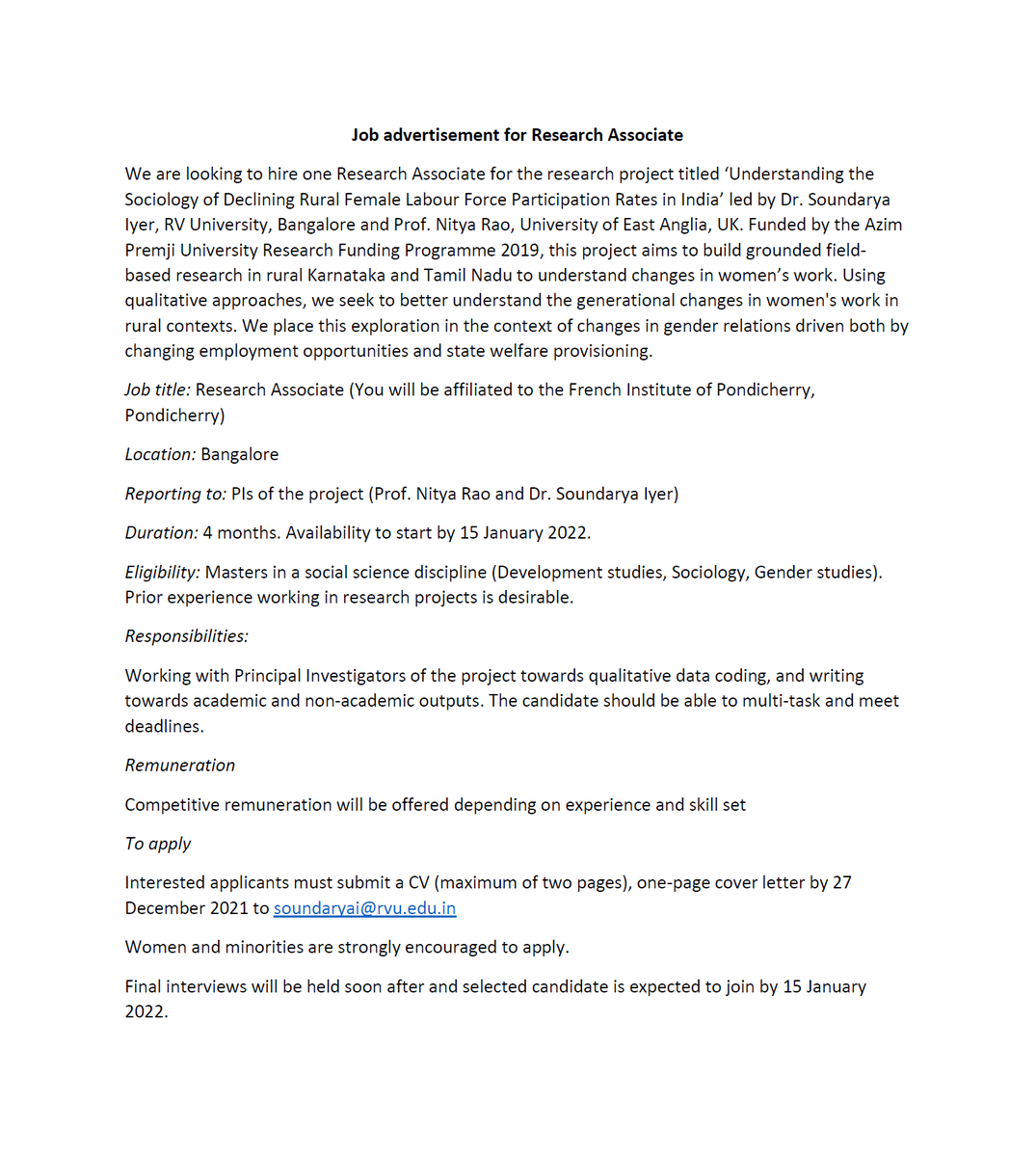 soniyer's tweet photo. We are hiring an RA to work in our project on women's work. Please share in your networks! https://t.co/7GH6v7302F