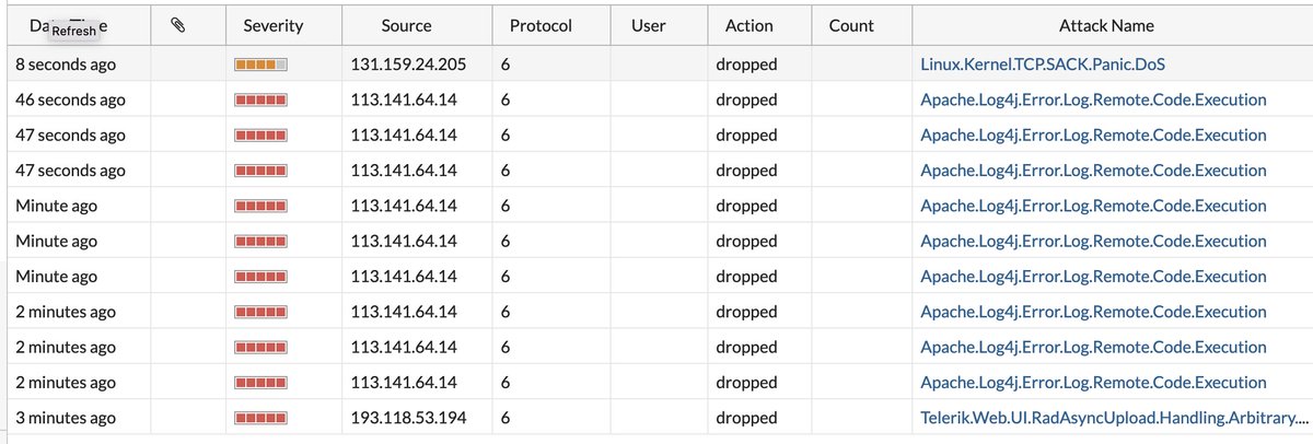 M4RSarK's tweet image. Attempts to exploit #log4jRCE #log4j vulnerability @CVUTFEL detected and dropped by our campus firewalls. Secure your systems.