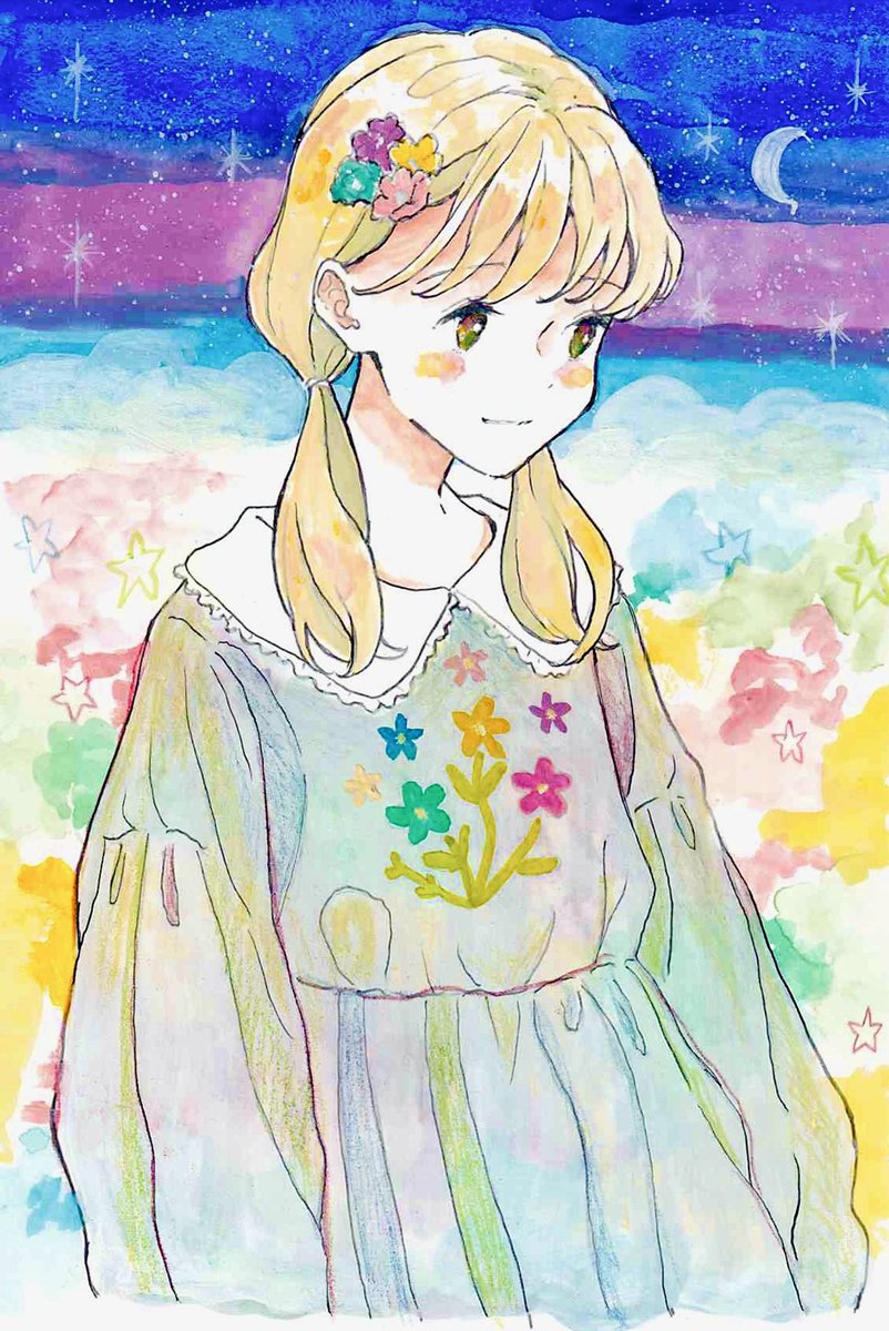 1girl solo twintails blonde hair crescent moon flower dress  illustration images