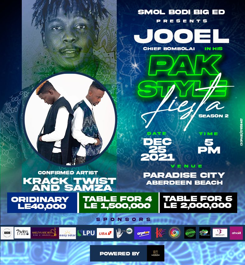 iam_jooel's tweet photo. With there new album out “Kotoku” and countless hitz… the best duo in Sierra Leone music.. @kracktwist_official @samzaofficial would be on stage on Christmas Day… #PakStyleFiesta #TeamPakStyle https://t.co/UGJJXtCBnr