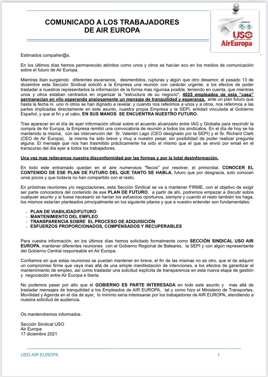USOAIREUROPA's tweet photo. COMUNICADO A LOS TRABAJADORES DE AIR EUROPA https://t.co/qbXivETbLl