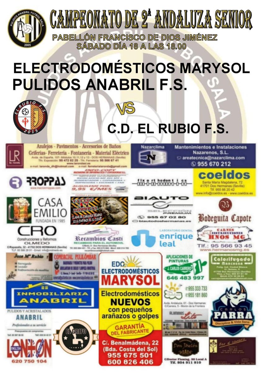 ⚽💥 Día de partido en el Francisco de Dios Jiménez

 A las 18:00 hh nuestro Pulidos Anabril FS juega contra el C. D El Rubio.

Necesitamos vuestro apoyo. ¡Te esperamos! 

 1,2,3 PULIDOSSSS 🟠⚫