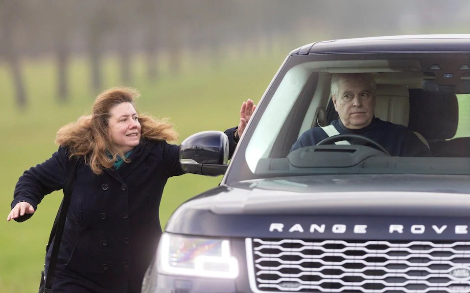 Excellent shot of the woman who was arrested yesterday for banging on Prince Andrew's car window telegraph.co.uk/news/2021/12/1…