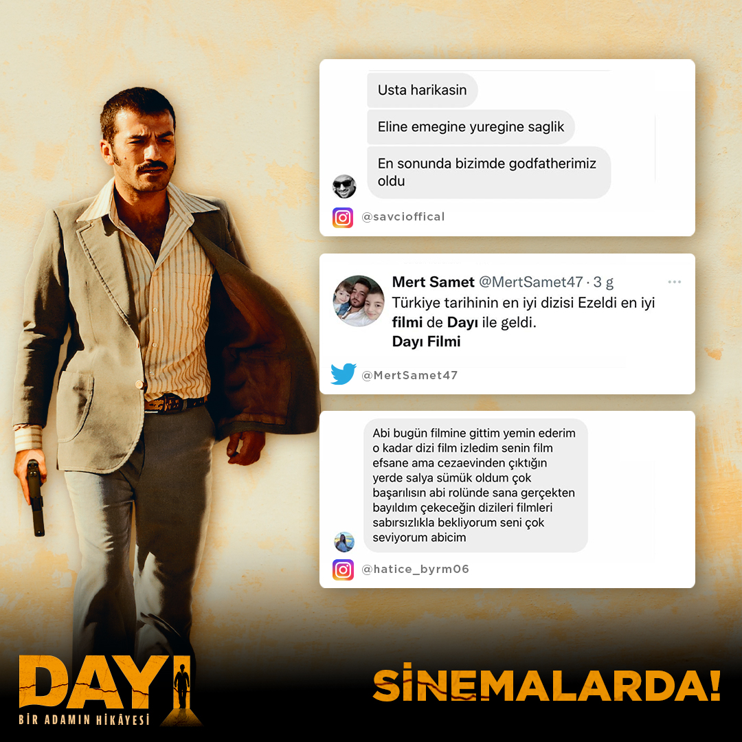 dayifilmi's tweet photo. Harika yorumlarınız için teşekkürler... Tüm sinemalardayız! Biletler; Cinemaximum, Biletinial ve Biletiva'da! #Dayı: Bir Adamın Hikâyesi #dayi #dayifilmi #dayifilm https://t.co/wFDviHopcK