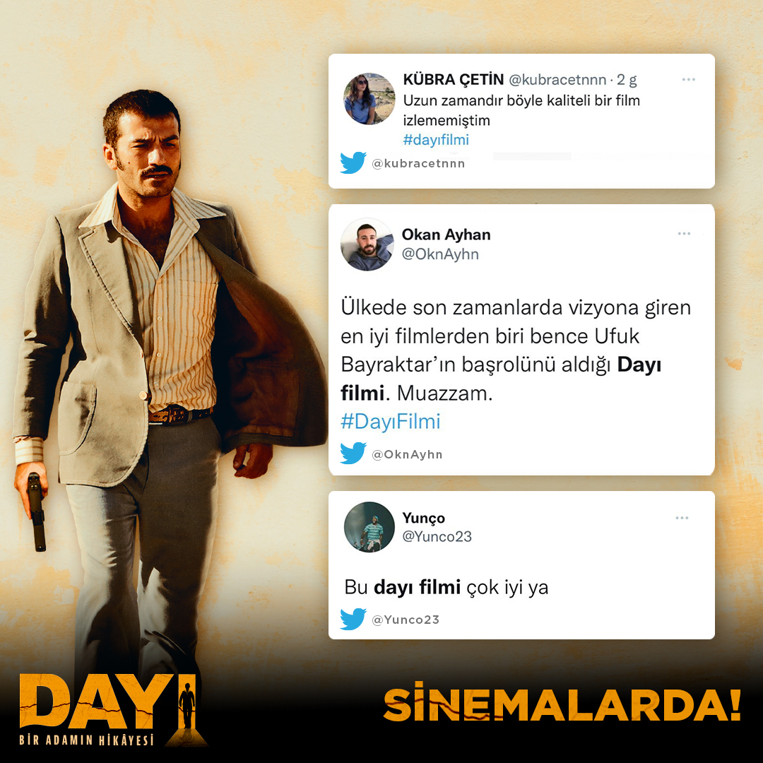 dayifilmi's tweet photo. Harika yorumlarınız için teşekkürler... Tüm sinemalardayız! Biletler; Cinemaximum, Biletinial ve Biletiva'da! #Dayı: Bir Adamın Hikâyesi #dayi #dayifilmi #dayifilm https://t.co/wFDviHopcK