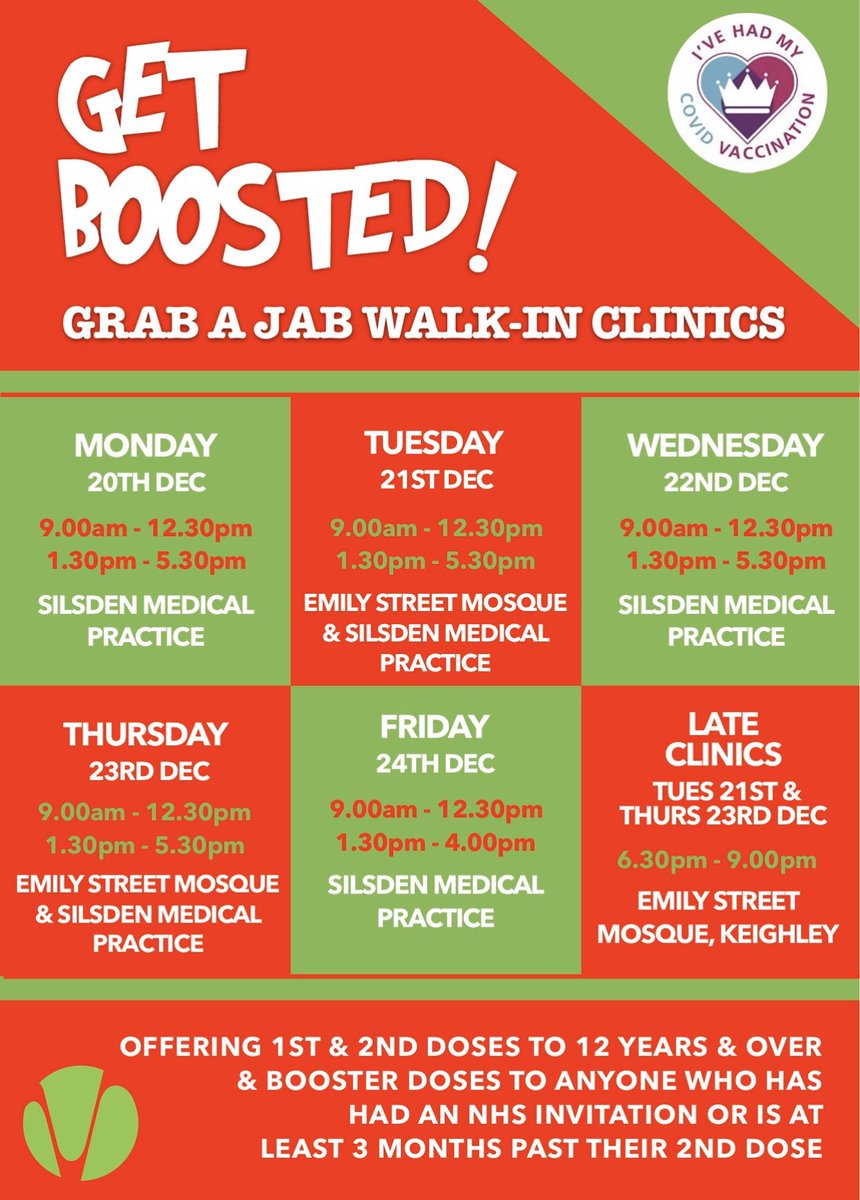 Popped round our vaccination centres this morning and great to find the teams in great form. Reflected that we’ve now being doing this for over a year. Anyway we have a Silsden walk in clinic tomorrow 9am - 4pm and next weeks schedule attached includes some evening clinics