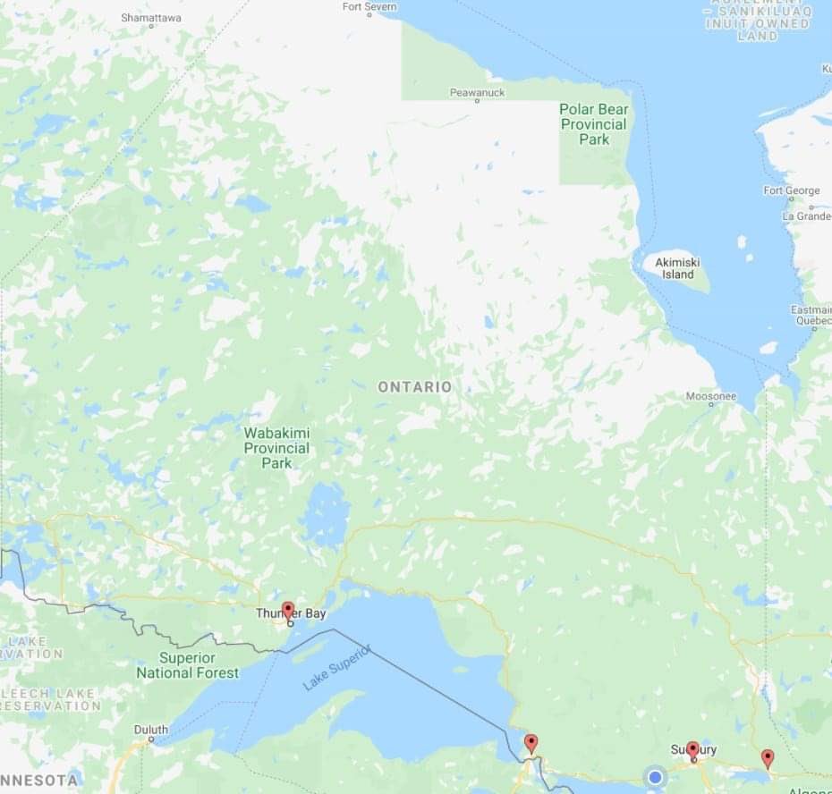 I know #RATs rollout to the public is a massive challenge. But we need to do this with some measure of equity for Northern &amp; rural populations. This map shows the sites in N. Ont where #RATs are available. 700km from SSM to TBay; no access further North. We can do better.