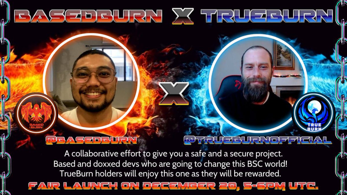 BasedBurnBSC's tweet photo. BasedBurn X TrueBurn

A collaborative effort to give you a safe and a secure project.
Based and doxxed devs who are going to change this BSC world!
TrueBurn holders will enjoy this one as they will be rewarded.

Fair Launch on December 20, 5-6PM UTC.

TG: https://t.co/7HbFK2Fo7r https://t.co/Lh3CZxuLV7