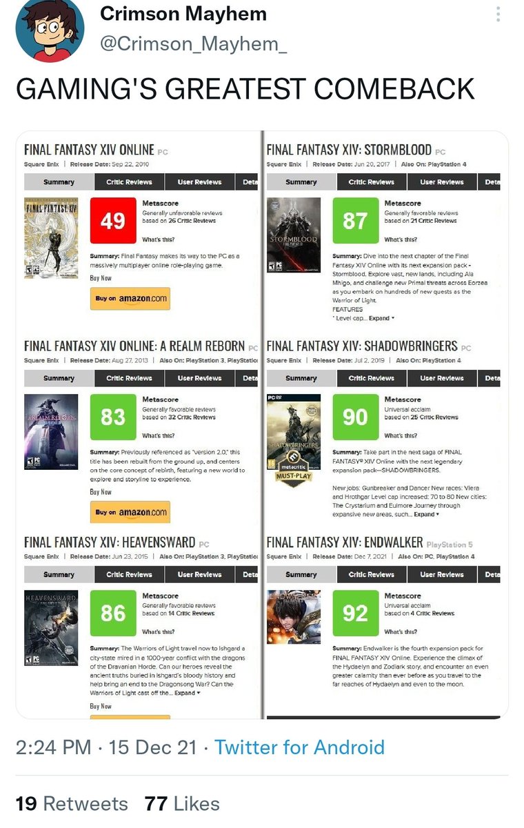 Final Fantasy 14 IS gaming's greatest comeback because Square Enix was smart. When this customers complained, they swallowed their pride, acted professionally, listened, and realized they had to completely rebuild the game. It wasn't easy, but they did it and now FFIV'S fantastic