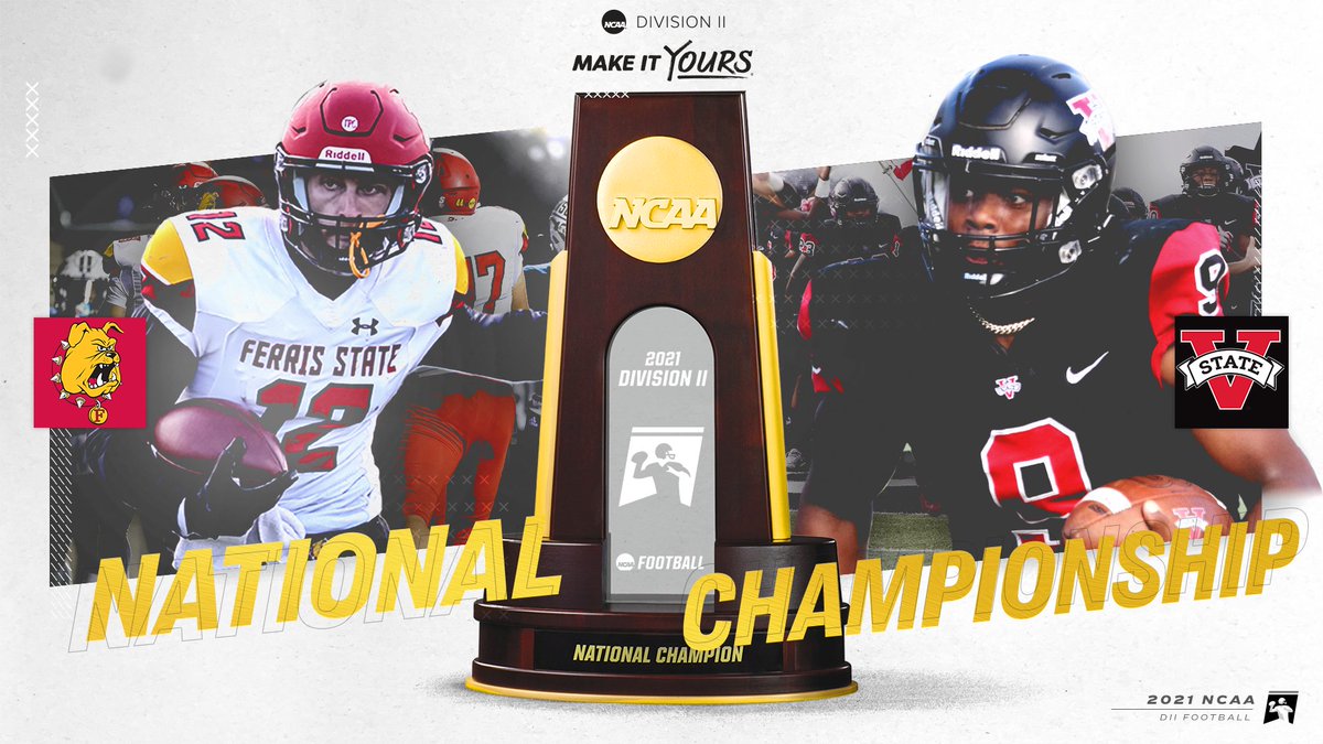 Wake up, it's game day! 

Ferris State and Valdosta State will play for the 2021 #D2FB Championship 𝐓𝐎𝐍𝐈𝐆𝐇𝐓 at 9 p.m. ET.

📺: b.link/1218D2FB.
🏈📊: on.ncaa.com/21D2FBsp.

#MakeItYours | #D2FB