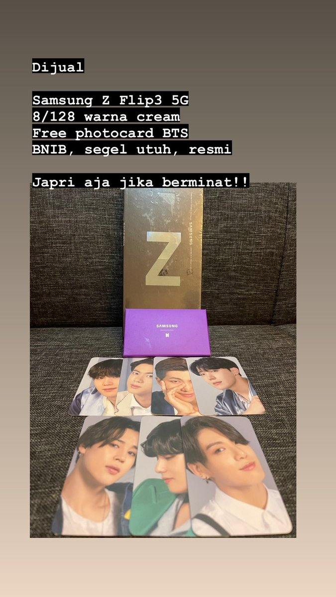 DIJUAL!!!!
Samsung Z Flip3 5G 8/128 warna Cream. BNIB, segel utuh, garansi resmi. DM aja kalo tertarik.
#jualsamsung