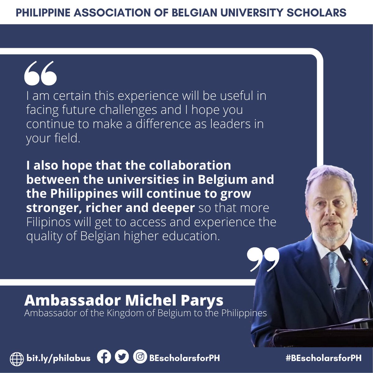 BEScholarsForPH's tweet photo. 🇧🇪 Belgian Ambassador Michel Parys expressed his delight in congratulating the 🇵🇭 Filipino scholars Class of 2021. Amidst the pandemic, Pinoy scholars receive top distinction from Belgian Universities #BEscholarsforPH
Read more at https://t.co/I4wwmoJSxK https://t.co/anKGowvdjx