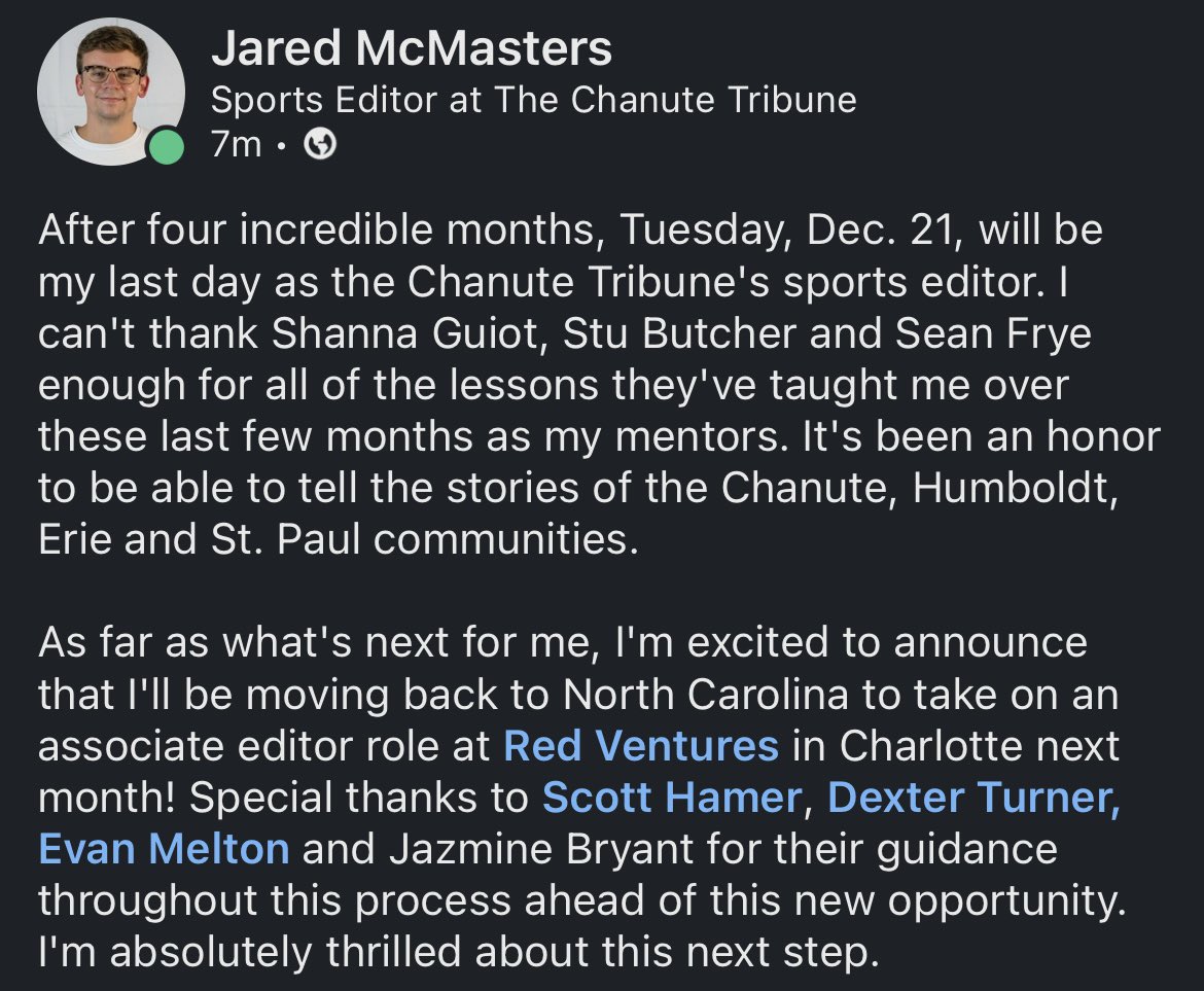 McMastersJ's tweet photo. An update for my Kansan followers. Thank you for everything, Chanute. https://t.co/ZgGdj6LJ6t