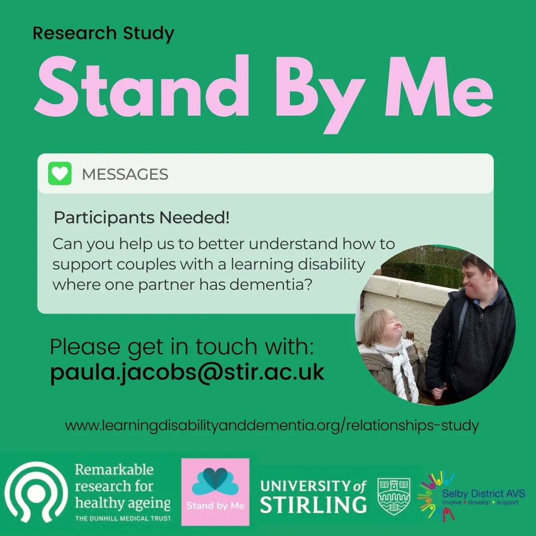 'STAND BY ME' research study is looking for participants! Could you help? 💡💚

This research project is exploring the sustainability of relationships and support among people with a learning disability and dementia. 

Please read more about the study on buff.ly/3e1rEZY