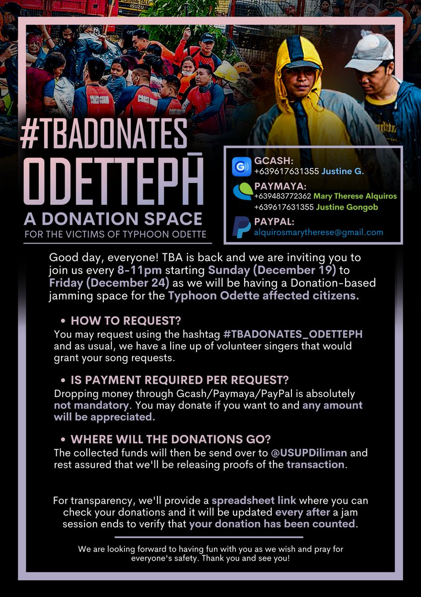 tbacaratjam's tweet photo. Good day, everyone! TBA is officially inviting you to join us every 8-11pm starting this Sun (Dec19) - Fri (Dec24) as we'll host a jamming space in order to raise funds for the affected citizens of the Typhoon Odette. Thank you and see you! #TBADONATES_ODETTEPH https://t.co/ykvO9CEos4