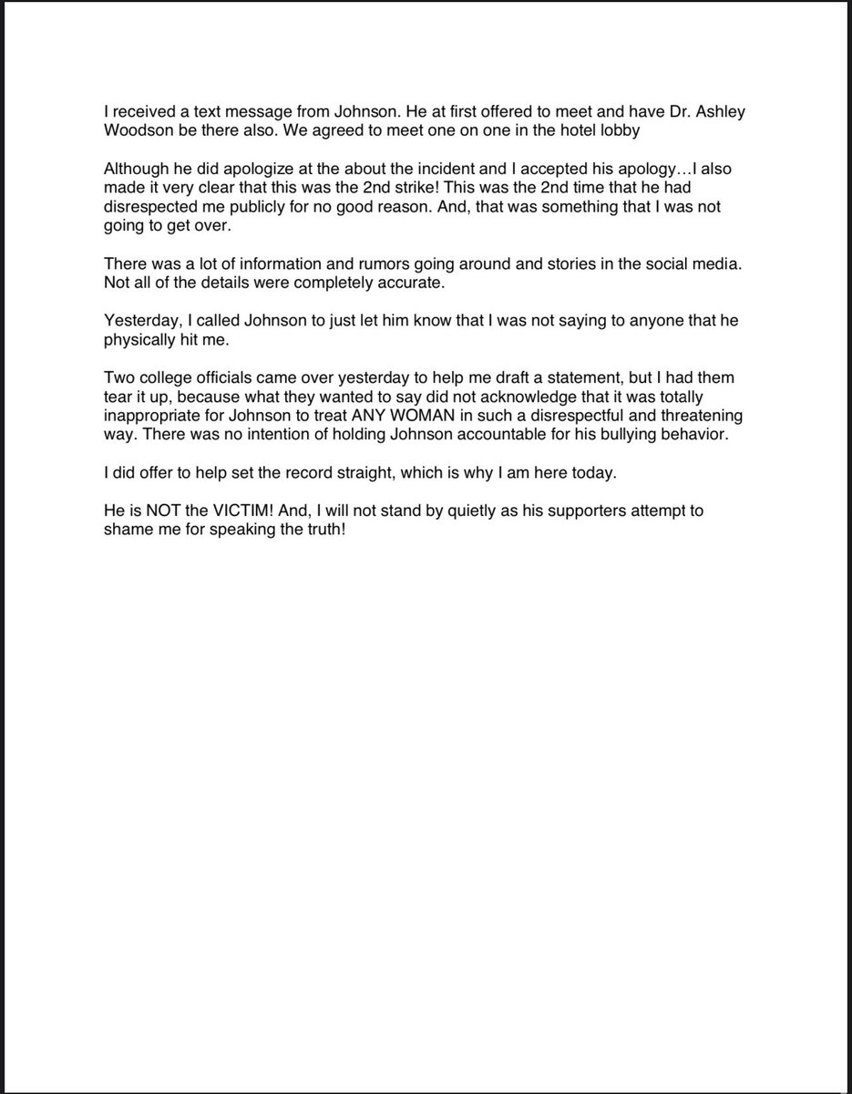 RogueAlbion's tweet photo. The official statement by Hazel Lias about the Mathew Johnson incident (on Tuesday, Dec. 14). Statement sent by Ms. Lias the afternoon of Friday, Dec. 14 2021, and read on FB Live by her at her press conference earlier that day. #albionlies #mathewjohnson #albioncollege #myalbion https://t.co/EaMxDFtnMZ