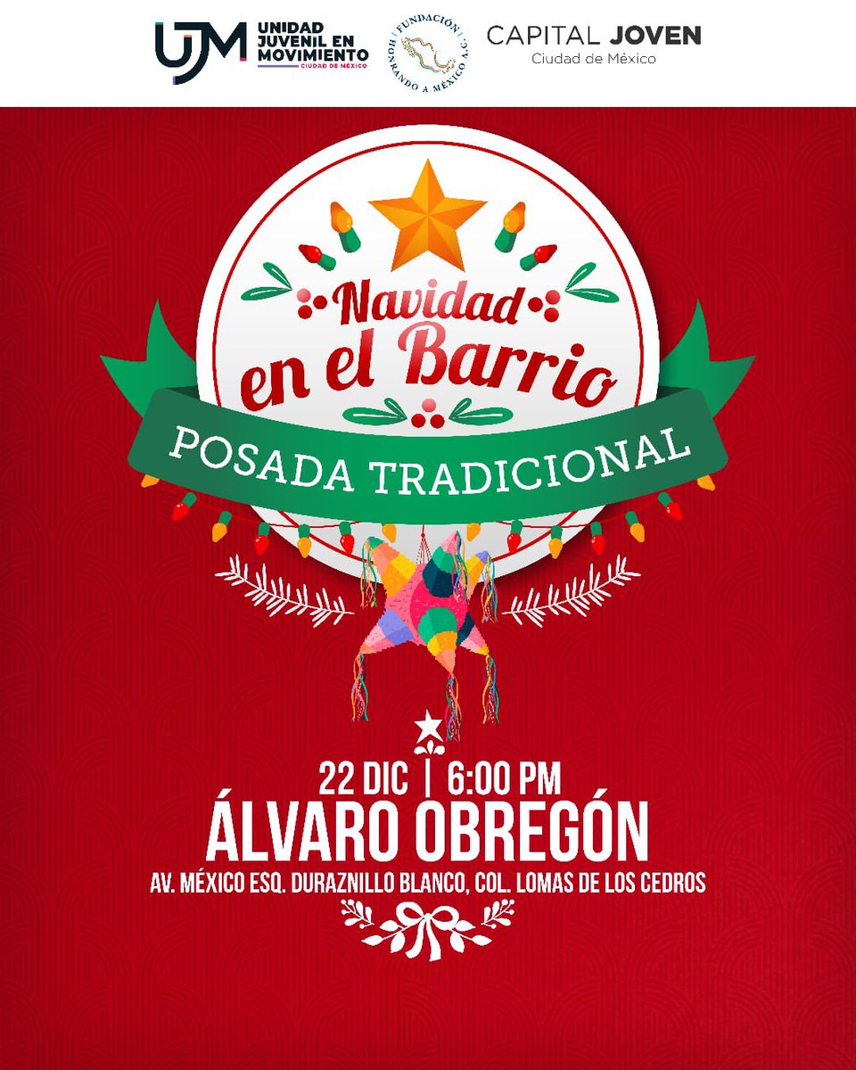 UJM_CDMX's tweet photo. Familia UJM en #ÁlvaroObregón tenemos fecha para nuestra #posadanavideña 🙌🏻🙌🏻🙌🏻.
En colaboración con @SoyCapitalJoven te invitamos el #22dic a celebrar juntos “Navidad en el barrio”. 🎄🪅
¡Te esperamos!
#NavidadEnElBarrio #UJM #Navidad #Familia #Tradiciones #Posadas #CDMX https://t.co/8jsCWSynTk
