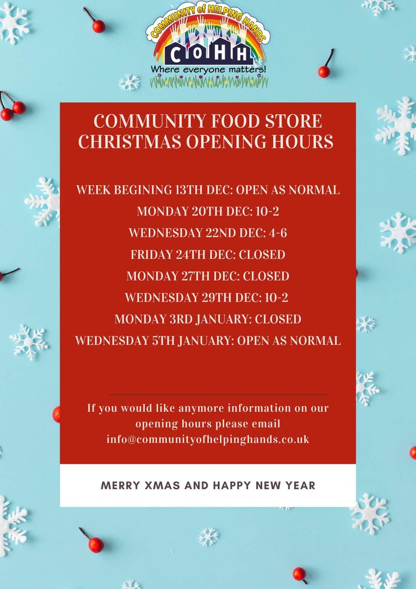 CommunityofHel2's tweet image. Community Food Store Christmas opening times below ☃️