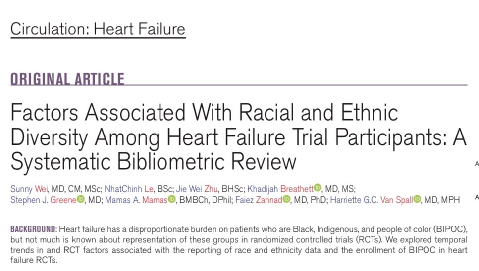 hvanspall's tweet photo. Proud of #SunnyWei @NhatChinhLe @zhennyju for  @CircHF📄 on #racial #ethnic #diversity among participants in #HF #RCTs 2000-2020
📍<38% of 414 RCTs reported race/ethnicity data
📍<19% were #BIPOC participants (underrepresented)
📍Trends improved w/ time
https://t.co/Gv4w4O3igl https://t.co/rfnpk76Hfd