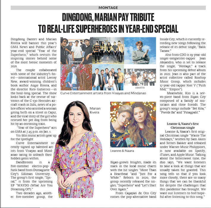InqEnt's tweet photo. Montage for Dec 19
โข#DingdongDantes & #MarianRivera pay tribute to #heroes in @gmanewsโ year-end special @gmanetwork
โข#Visayas- #Mindanao music artists seize spotlight #CurveEntertainment #NarcisoChan
โข#LeanneandNaaraโs 1st #Christmas single #WastetheHolidays @WarnerMusicPH https://t.co/xOWRy79w1N