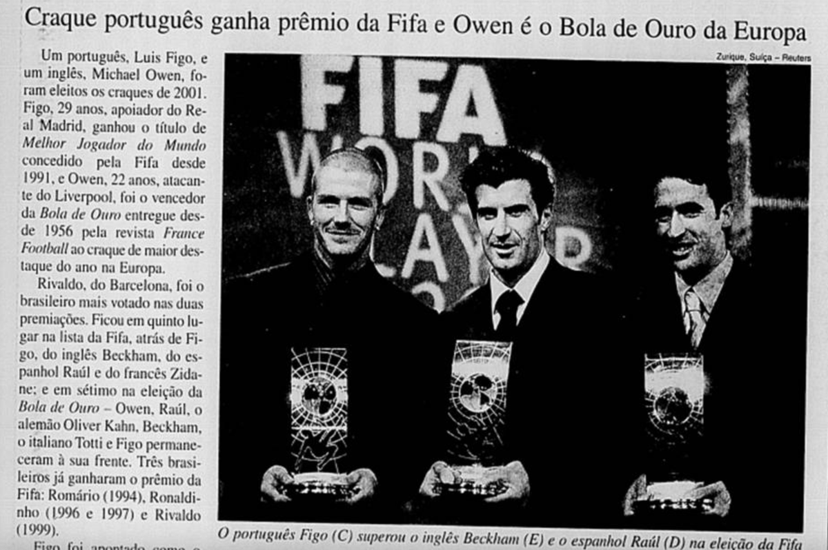 brasilcopa70's tweet photo. 18/12/01's JB said that the Portuguese Luís Figo had been elected #fifaplayeroftheyear, ahead of Englishman David Beckham and Spaniard Raúl, with @RIVALDOOFICIAL in fifth place, while English player Michael Owen won the France Football's #BallonDOr, with Rivaldo in seventh place. https://t.co/7DiOpE8KJ3