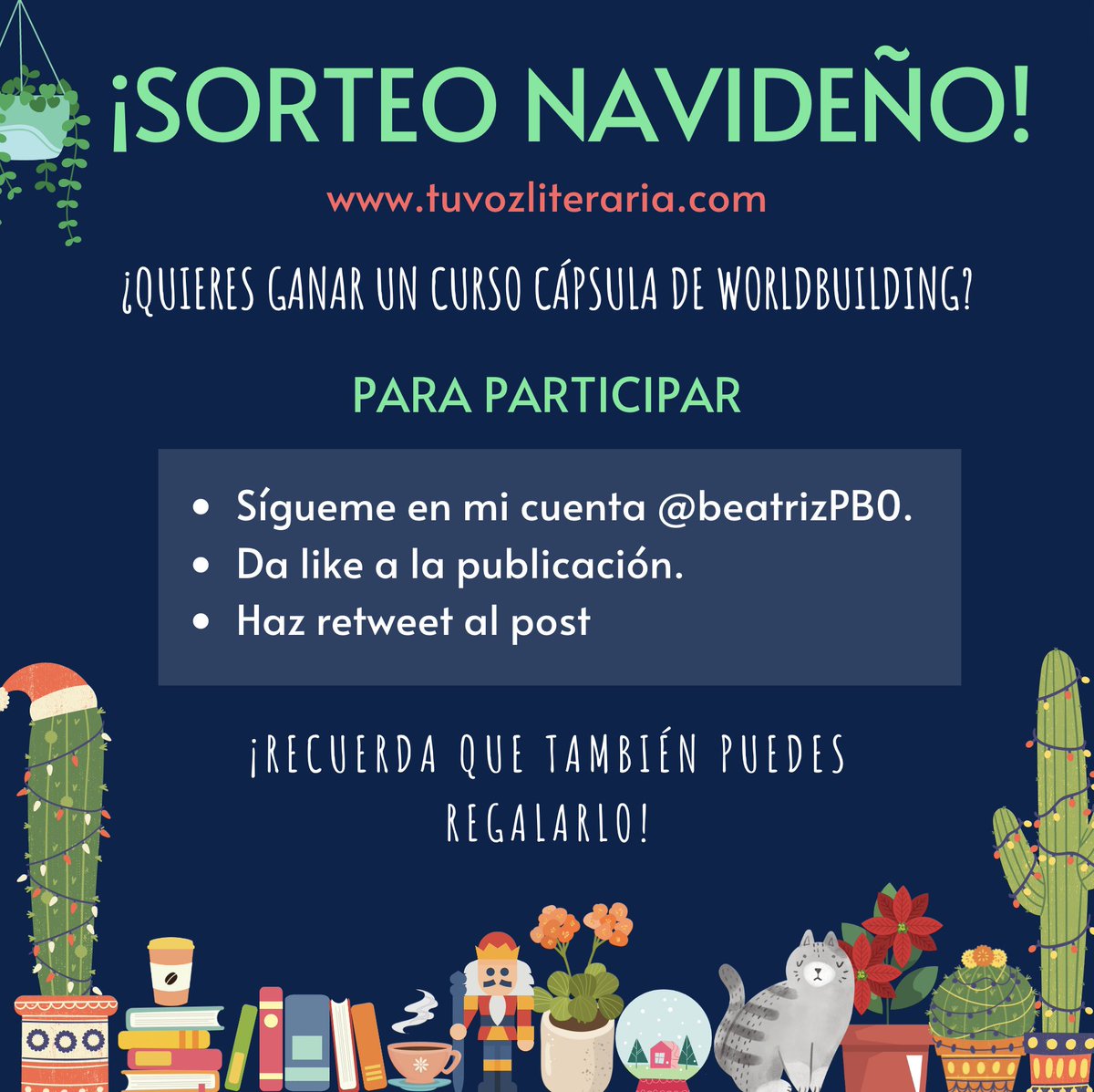 🎄SORTEO NAVIDEÑO🎄
¡Gana un curso de Worldbuilding y aprende a construir universos literarios!
Tienes hasta el 🗓️26 de diciembre🗓️ para participar, y recuerda que también puedes hacerlo desde mi perfil de IG: @beatrizpb0_
¡Mucha suerte!
tuvozliteraria.com