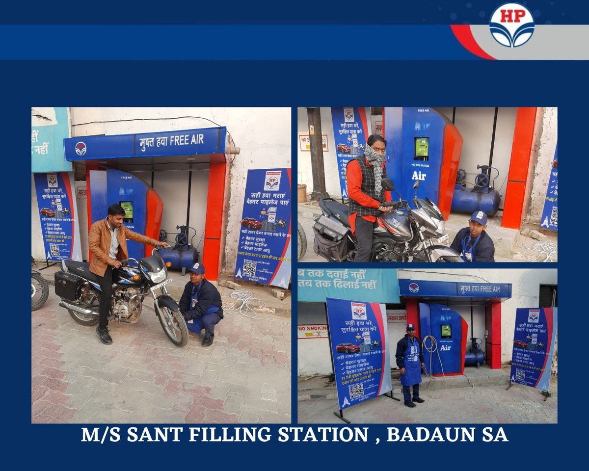 MSSANTFILLINGS1's tweet photo. HPCL RO M/s Sant filling station at Badaun under Agra retail region providing Free Air Service with Customer Awareness on Importance of Correct Tyre Pressure.
@hpcl_retail  @HPCL_Agra  @HPCL  @Rg03Goel https://t.co/UYyEOXe33v