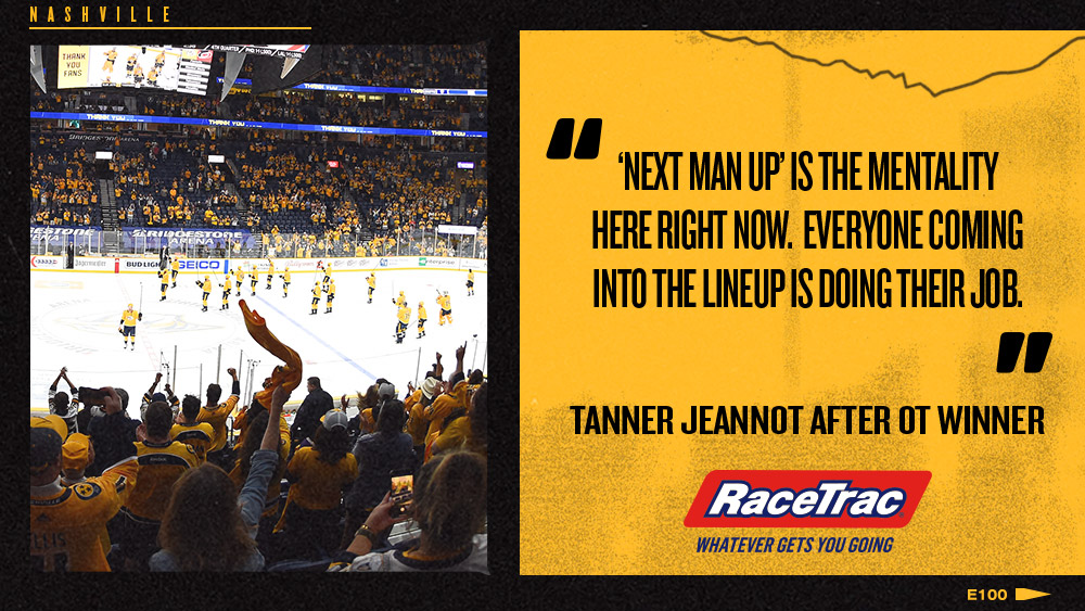 FDSN_Predators's tweet photo. The @PredsNHL have won seven straight and 𝙚𝙫𝙚𝙧𝙮𝙤𝙣𝙚 is contributing 🔥
@RaceTrac | #WhateverGetsYouGoing https://t.co/ZKS1ieNdda