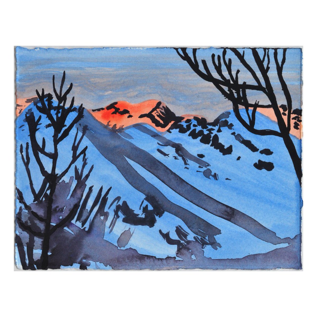 Today is the final day of “The Mountains are Calling” Thank you to @RableyGallery for showcasing these paintings and prints, and to visitors & collectors old and new ✨ “Mt Blanc: Last” watercolour, 14.5 x19 cm. The rays of the setting sun hit the tallest peak in the region