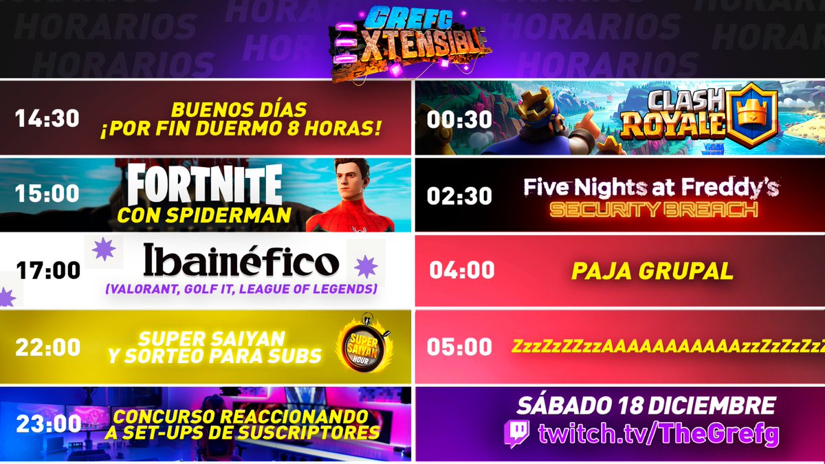 TheGrefg's tweet photo. 💜🚀 HORARIO EXTENSIBLE *DÍA 16* 🚀💜

Vamos a por todas en el IBAINÉFICO, luego reaccionando a vuestros SET-UPs y noche de juegos divertida.

RT y disfruten!! 🔴 https://t.co/hWQuFo0UxU https://t.co/qG4F4CX8vI