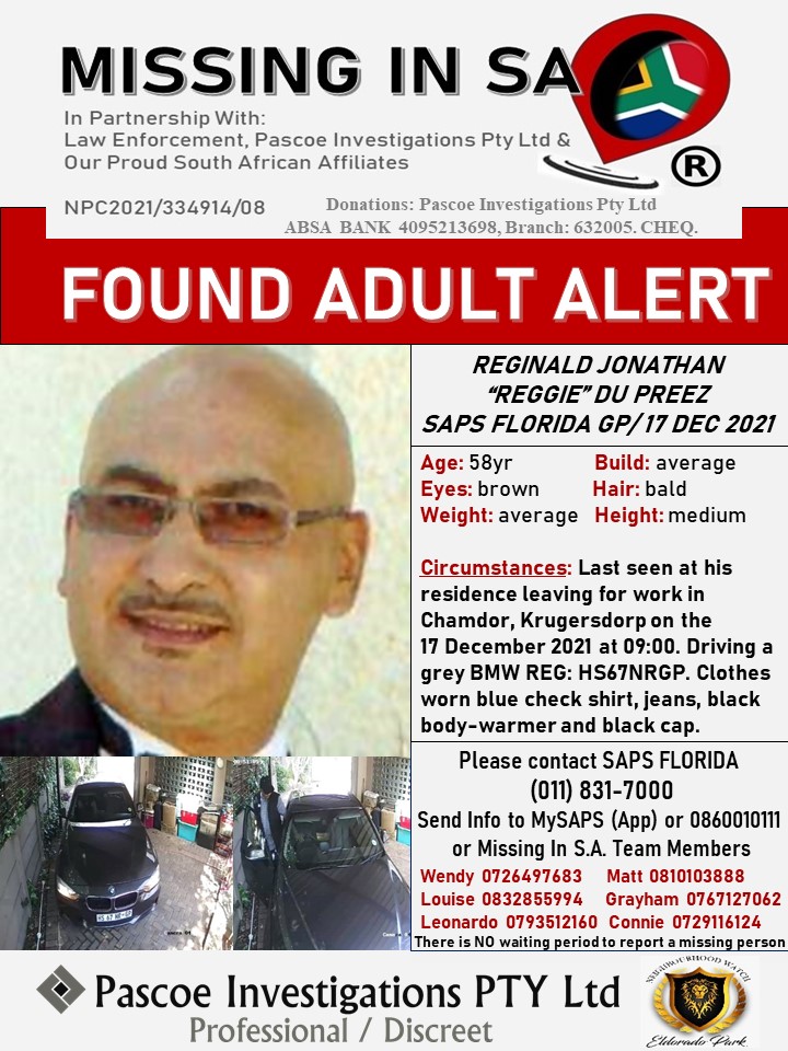 MCVENTA's tweet photo. @LtdPascoe Jonathan Du Preez Found safe at home!! https://t.co/5Km98EYJ8C