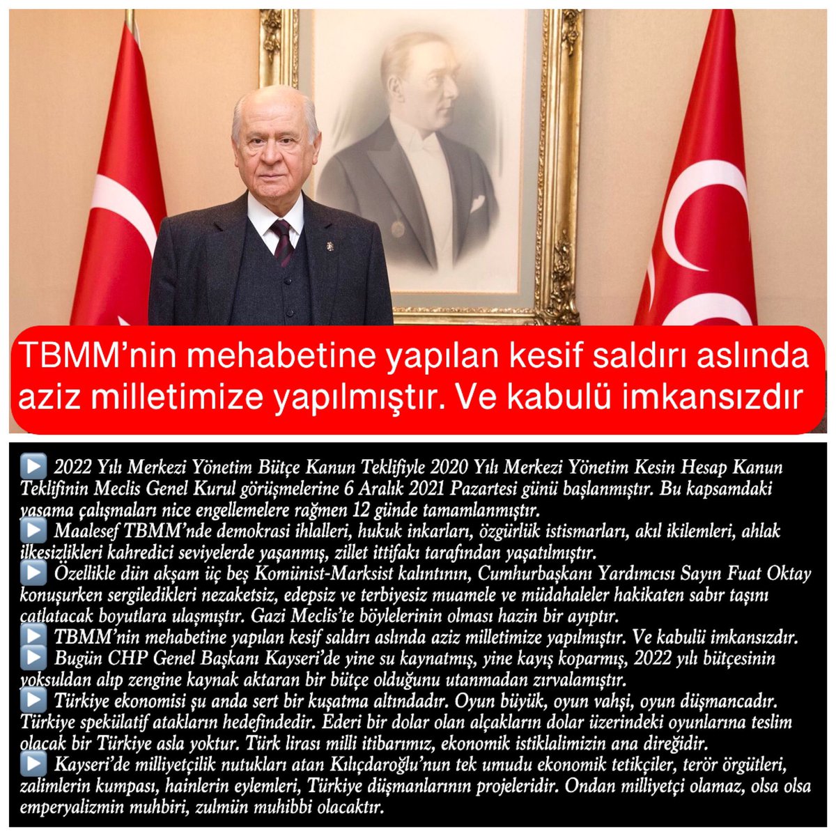 arzuerdemtc's tweet photo. Liderimiz Sayın Devlet Bahçeli @dbdevletbahceli: TBMM’nin mehabetine yapılan kesif saldırı aslında aziz milletimize yapılmıştır. Ve kabulü imkansızdır. https://t.co/rzNqddK0U2