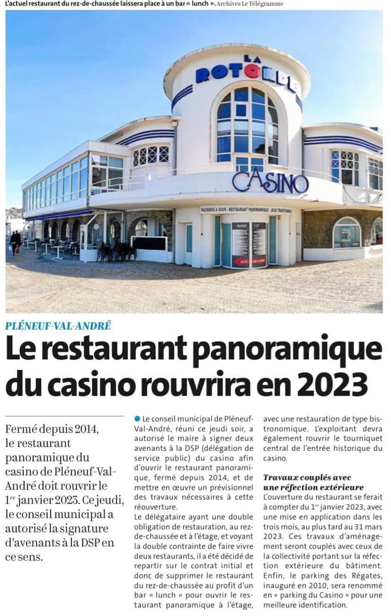 [OUVERTURE DU RESTAURANT PANORAMIQUE DU CASINO] 🎰🖋

📍Grâce à la signature de deux avenants au contrat de concession qui lie la Ville de Pléneuf-Val-André et le Groupe Partouche, le restaurant panoramique du casino du Val-André rouvrira en 2023. <a href="/Partouche/">Casinos Partouche</a> <a href="/TLGLamballe/">Le Télégramme Lamballe</a>