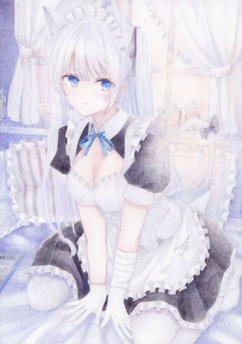 「猫耳メイドちゃん #オリジナル #アナログ #色鉛筆 #透明水彩 https:/」|くろいうさぎのイラスト