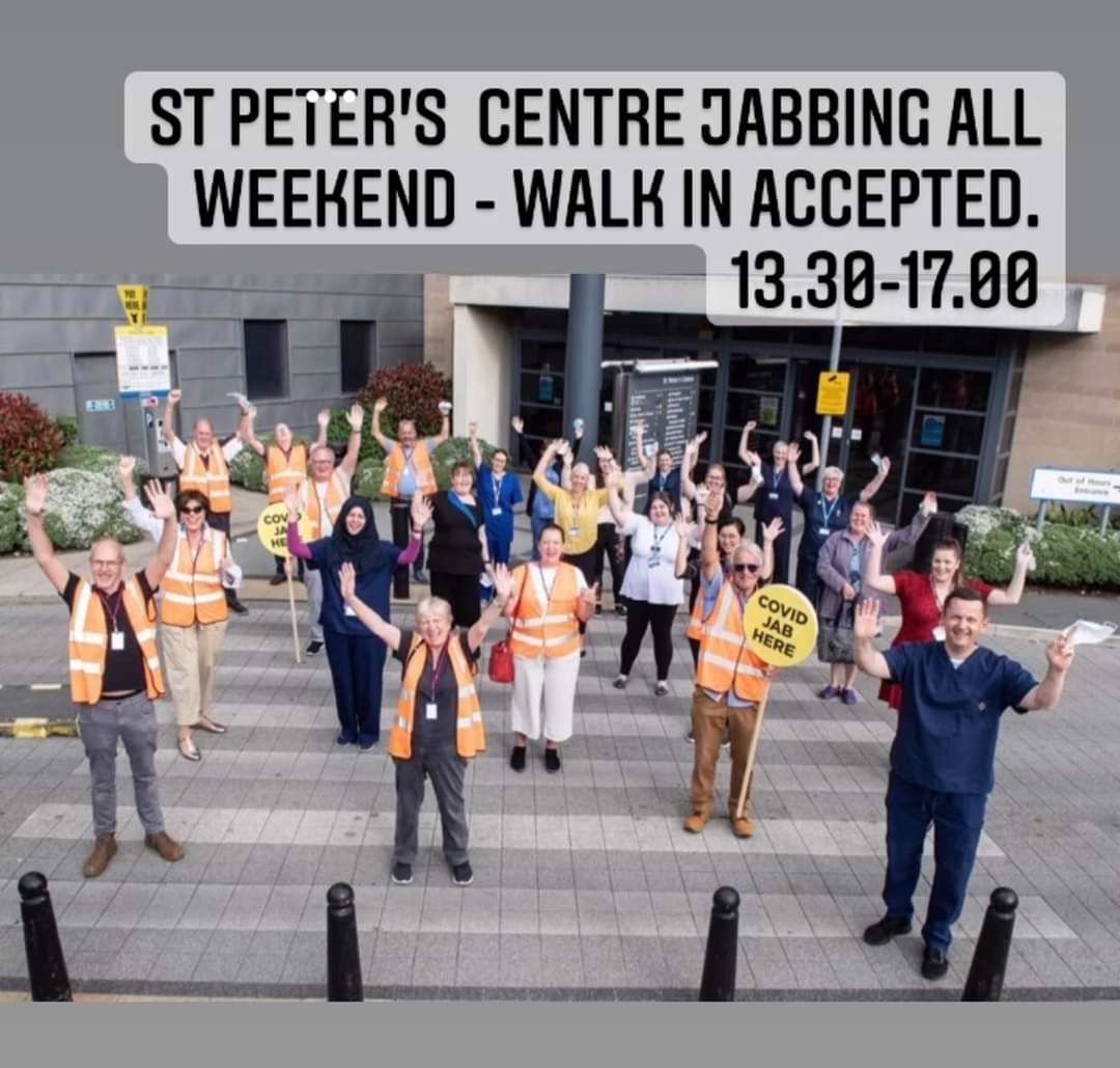 Get your covid jab today at St Peter’s centre Burnley - first vaccines, seconds or booster. Anyone over 16 as long it’s been 3 months since your last jab. Please protect yourself and our vulnerable ❤️. Vaccinating all weekend . Walk ins also at Charter Walk and D'house &amp; S'holme