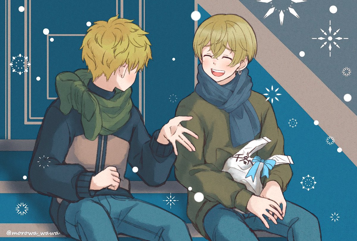 2boys multiple boys blonde hair male focus scarf green scarf closed eyes  illustration images