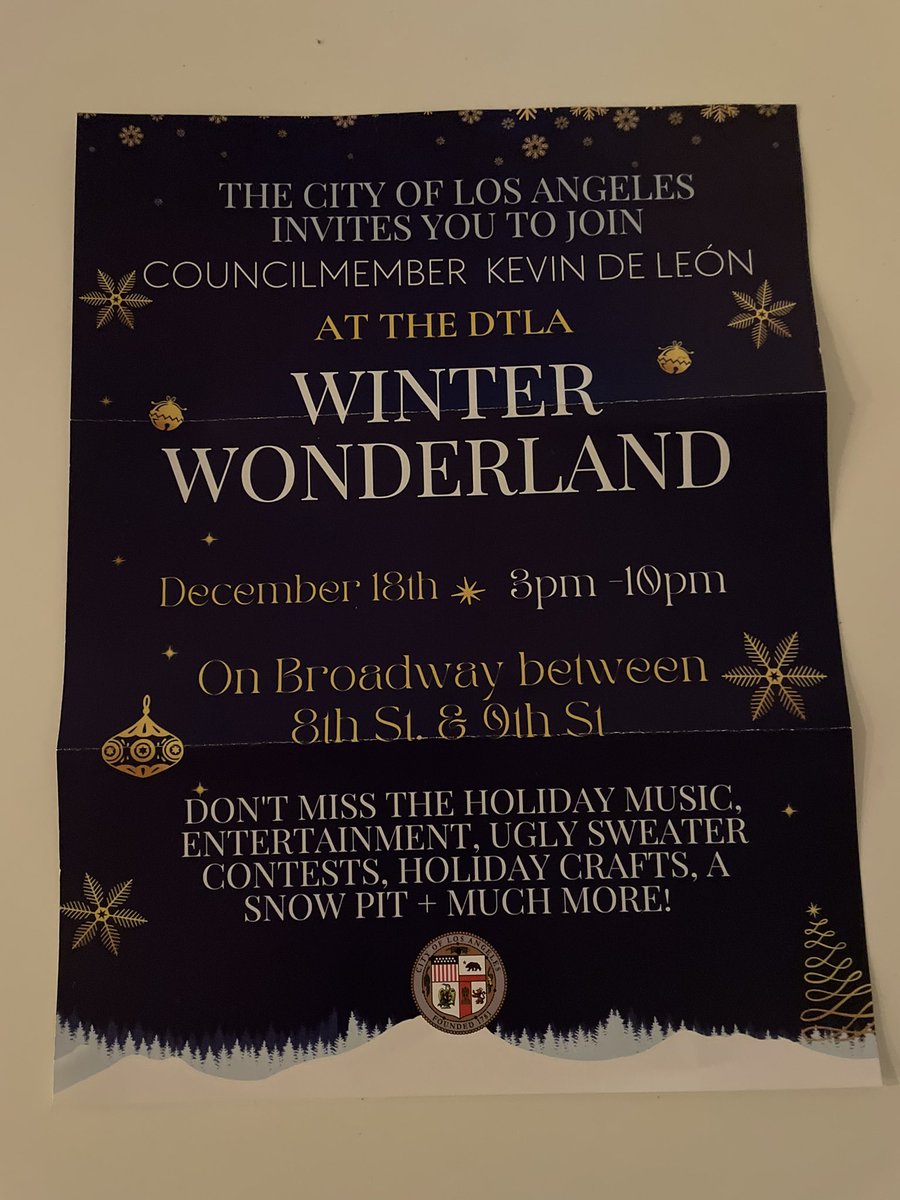 I am looking forward to this #holiday fun outside my door on Broadway in #DowntownLosAngeles if you care to join! There is a promise of #snow. ❄️💙 Gracias / Thank you to my councilmember @kdeleon and #neighbors @LAFashionDist, @HistoricCore and @realDLANC in #DTLA. 🎄♥️