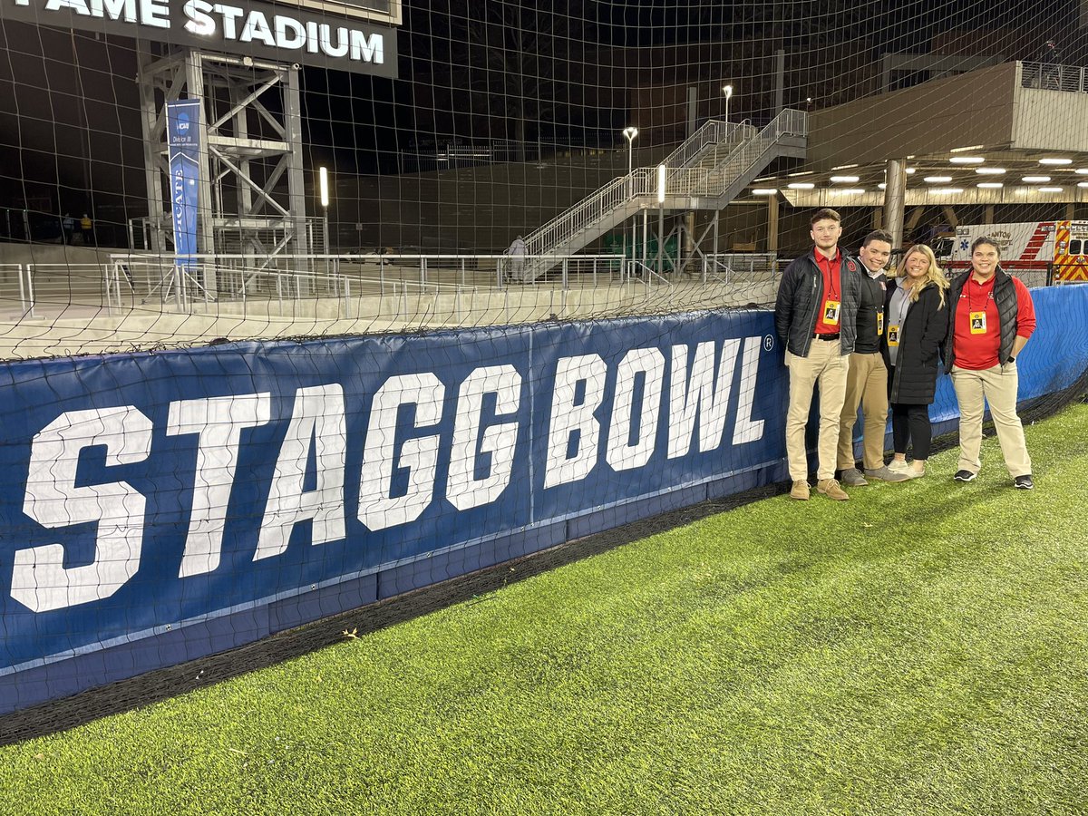 FightingMuskies's tweet photo. Staff and student assistants from the Muskingum Athletics Communication Office managed the press box operations and the @OHAthleticConf social media updates at the 2021 Stagg Bowl at Tom Benson Hall of Fame Stadium in Canton. It was a tremendous experiential learning experience! https://t.co/s6ZfgxV0K1