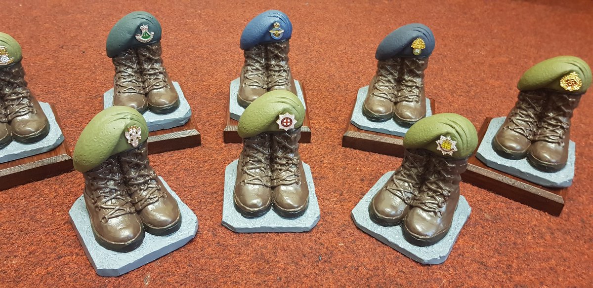 Manufacturing fire brigade boots and helmet pieces, Royal Navy parade piece,  with our existing military boots and berets and police force boots and cap and helmet. We are producing most of our distinguished services mini statues. Awesome work from Victoria prints in catterick.
