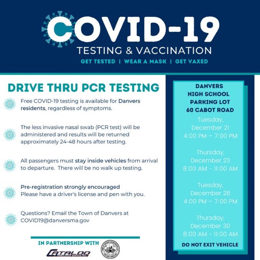 Starting on Tuesday, December 21, the Town, in partnership with <a href="/CataldoAS/">Cataldo Ambulance</a>, will offer free drive-thru COVID-19 testing for all Danvers residents regardless of symptoms. More info &amp; to pre-register bit.ly/3p7YMW9