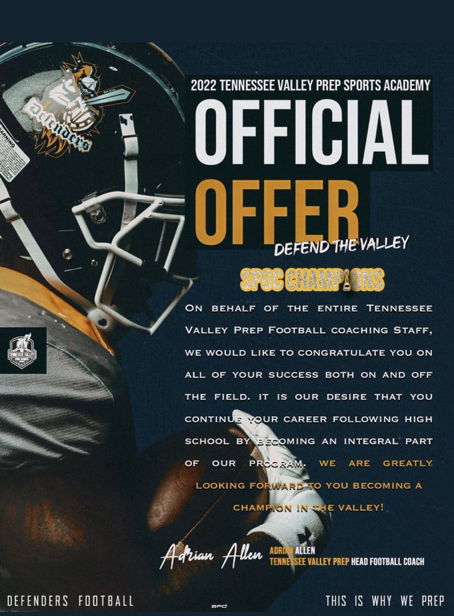TNbutler72's tweet photo. Blessed to receive another offer from Tennessee valley! @JCFB_Recruiting @AdrianA14341147 @OfficialCoachJM @Tyler_Johnson60 @ClintWoodfin https://t.co/c3aQn8Dj76