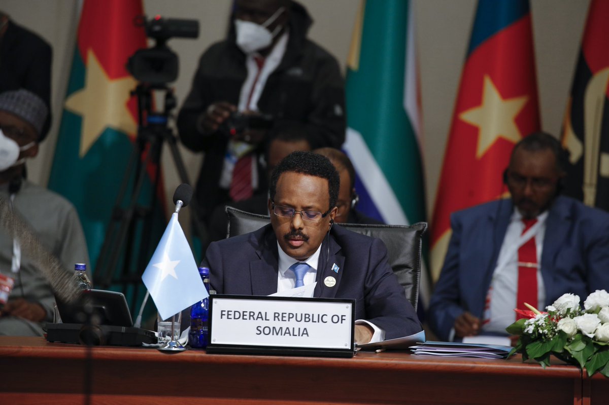 M_Farmaajo's tweet photo. I thank my brother @RTErdogan &amp; fellow African Heads of State for the fruitful #TurkeyAfricaSummit exchanges. Somalia appreciates the win-win collaboration with #Turkey and is dedicated to all partnerships geared towards a better future for Africa https://t.co/4wQJgjR8q3