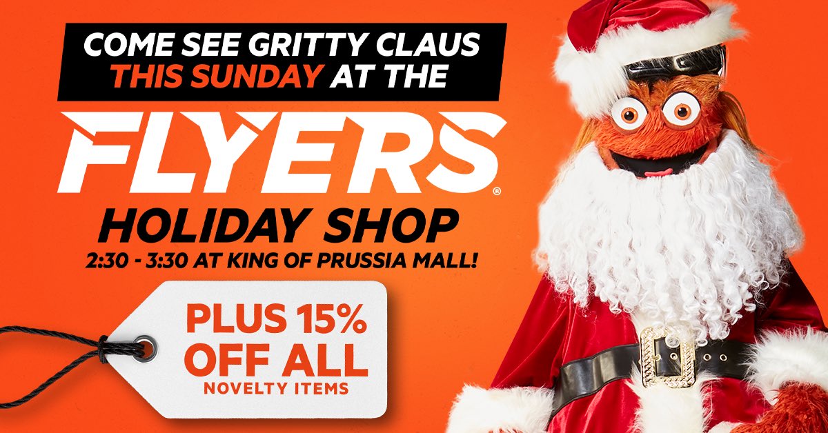 Gritty Claus is coming to town. 

Visit the <a href="/NHLFlyers/">Philadelphia Flyers</a> Holiday Shop at King of Prussia Mall for last minute gifts and see Ol’ Saint Grit! 🎁