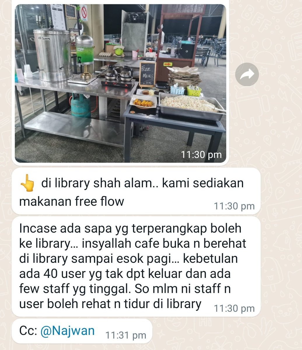Saya terima pesanan dari pegawai <a href="/SelangorLibrary/">Perbadanan Perpustakaan Awam Selangor</a>.

Jika ada di kawasan sekitar yg terjejas banjir, kelaparan serta perlukan tempat tidur sementara, kalian boleh ke Perpustakaan Shah Alam di KGSSAAS Seksyen 13.