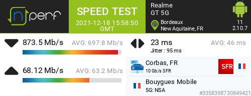 Ari33260's tweet photo. β873479 kb/s β68119 kb/s, β 23 ms / mobile:Bouygues Mobile / #GT5G / #nPerf v2.10.7 / https://t.co/8BU0Ida7fh