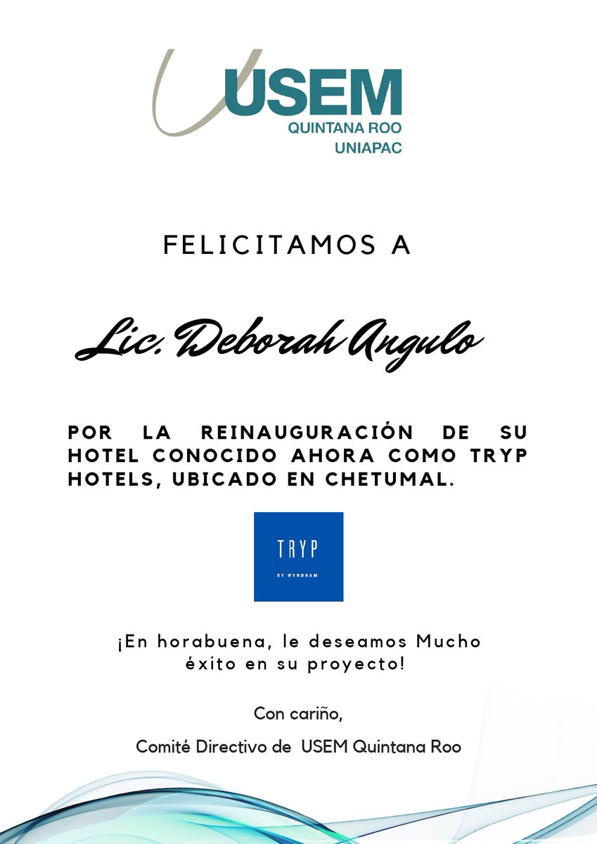 usemqroo's tweet photo. Felicitamos a nuestra socia @deborahAngulo , por el inicio de este proyecto,  le deseamos el mejor de los éxitos. 
@TrypHotels
 Enhorabuena!!!
#MujeresQueInspiran #MujeresConVisión https://t.co/VP6jGG6C1C