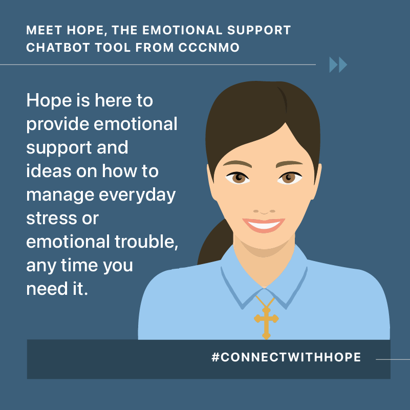 cccnmo's tweet photo. Hope is a FREE text-to-talk digital mental health service that provides encouragement and strategies on how to manage everyday stress or emotional trouble. #ConnectWithHope by texting "Hi" to Hope at 1-202-949-7249. https://t.co/2EicCdoWps